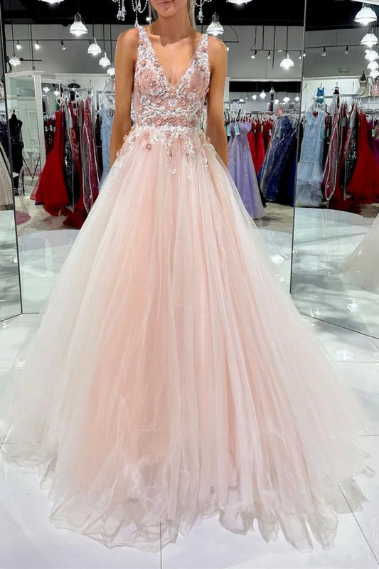 A Line V Neck Long Prom Dress with Appliques