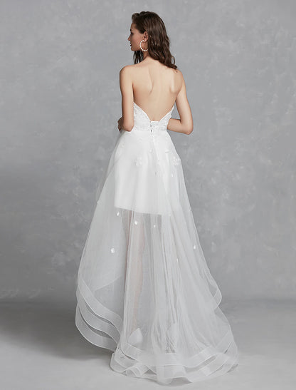 Vestidos de novia blancos cortos de recepción, vestidos de novia de corte A, escote corazón, sin tirantes, de encaje asimétrico con apliques