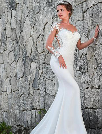 Vestidos de novia formales de compromiso con espalda abierta, escote sirena/trompeta, ilusión, manga larga, cola de corte, encaje y apliques 