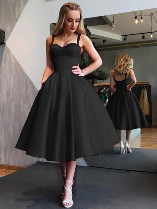 A-Line Straps Satin Sleeveless With Ruffles Tea-Length Dresses