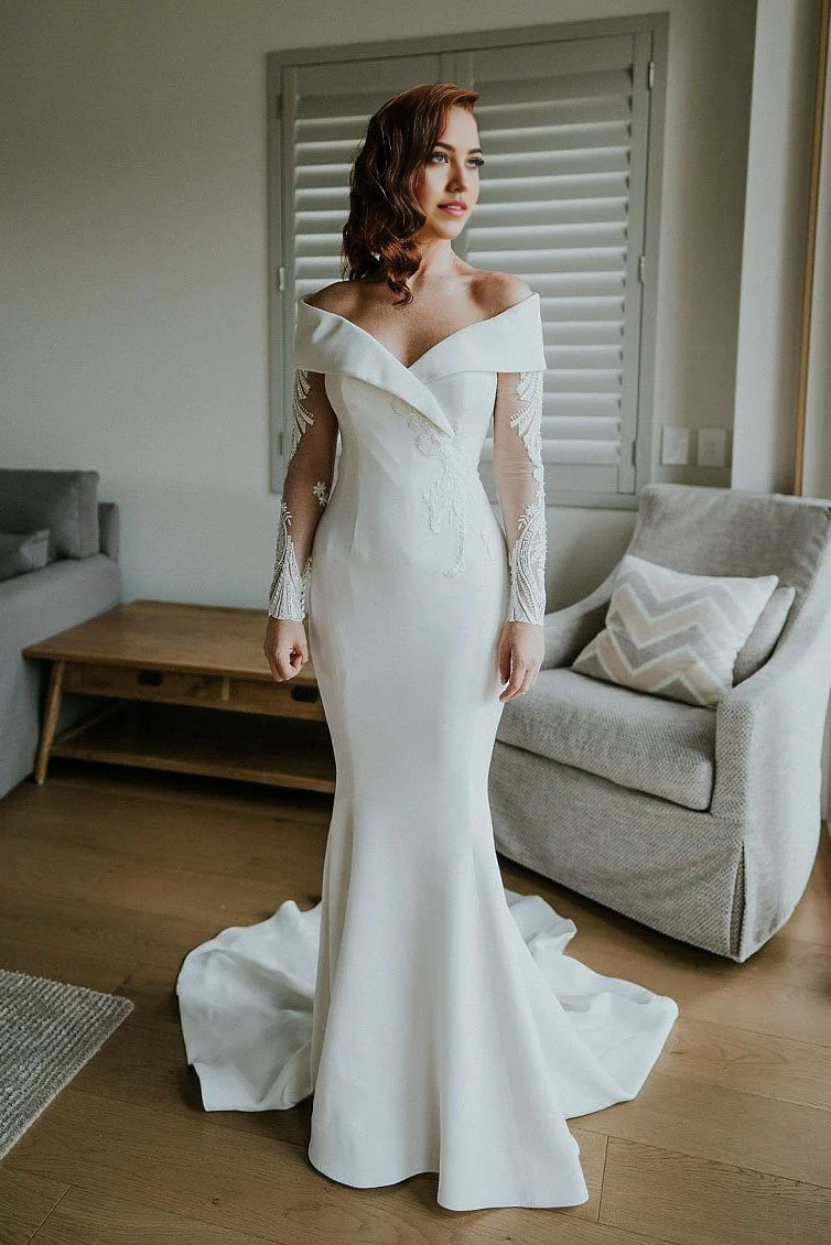 Mermaid V Neck Charming Off the Shoulder Long Sleeves Ball Gown Bridal Dresses Wedding Dresses
