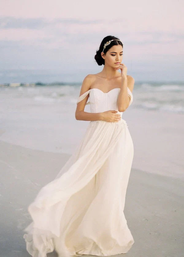 A-line Off-the-Shoulder Backless Beach Chiffon Wedding Dress with Lace Bodice