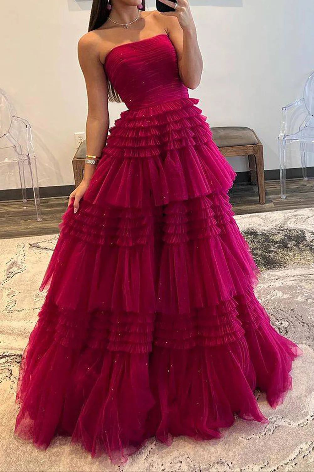 Vestido de fiesta largo sin tirantes de corte A
