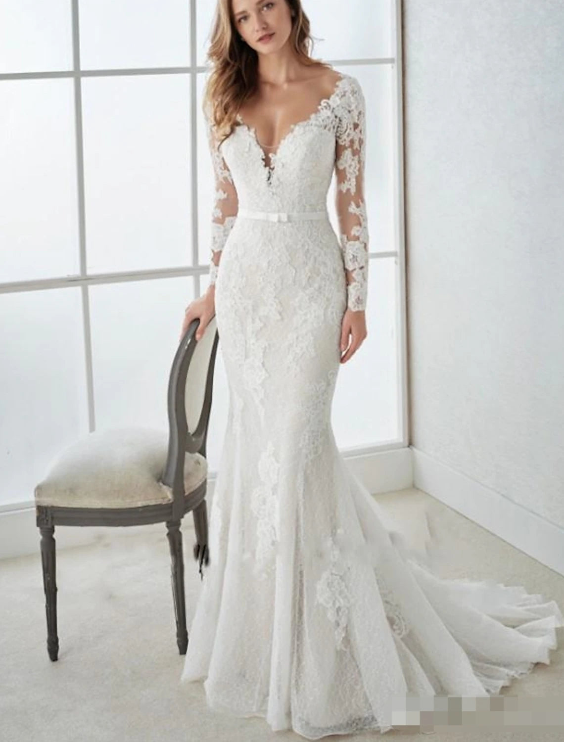 Engagement Open Back Formal Wedding Dresses Mermaid / Trumpet V Neck Long Sleeve Sweep / Brush Train Lace Bridal Gowns