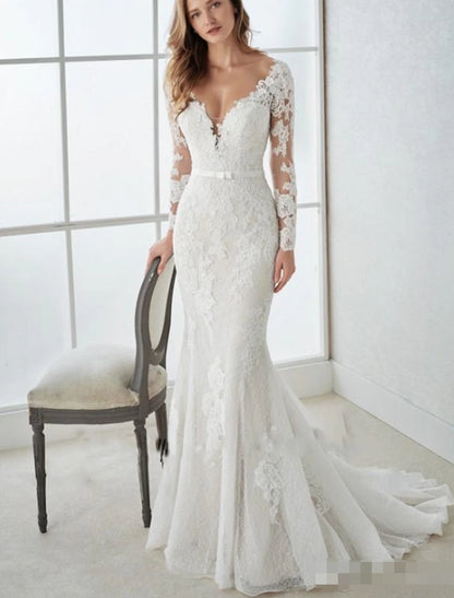 Engagement Open Back Formal Wedding Dresses Mermaid / Trumpet V Neck Long Sleeve Sweep / Brush Train Lace Bridal Gowns