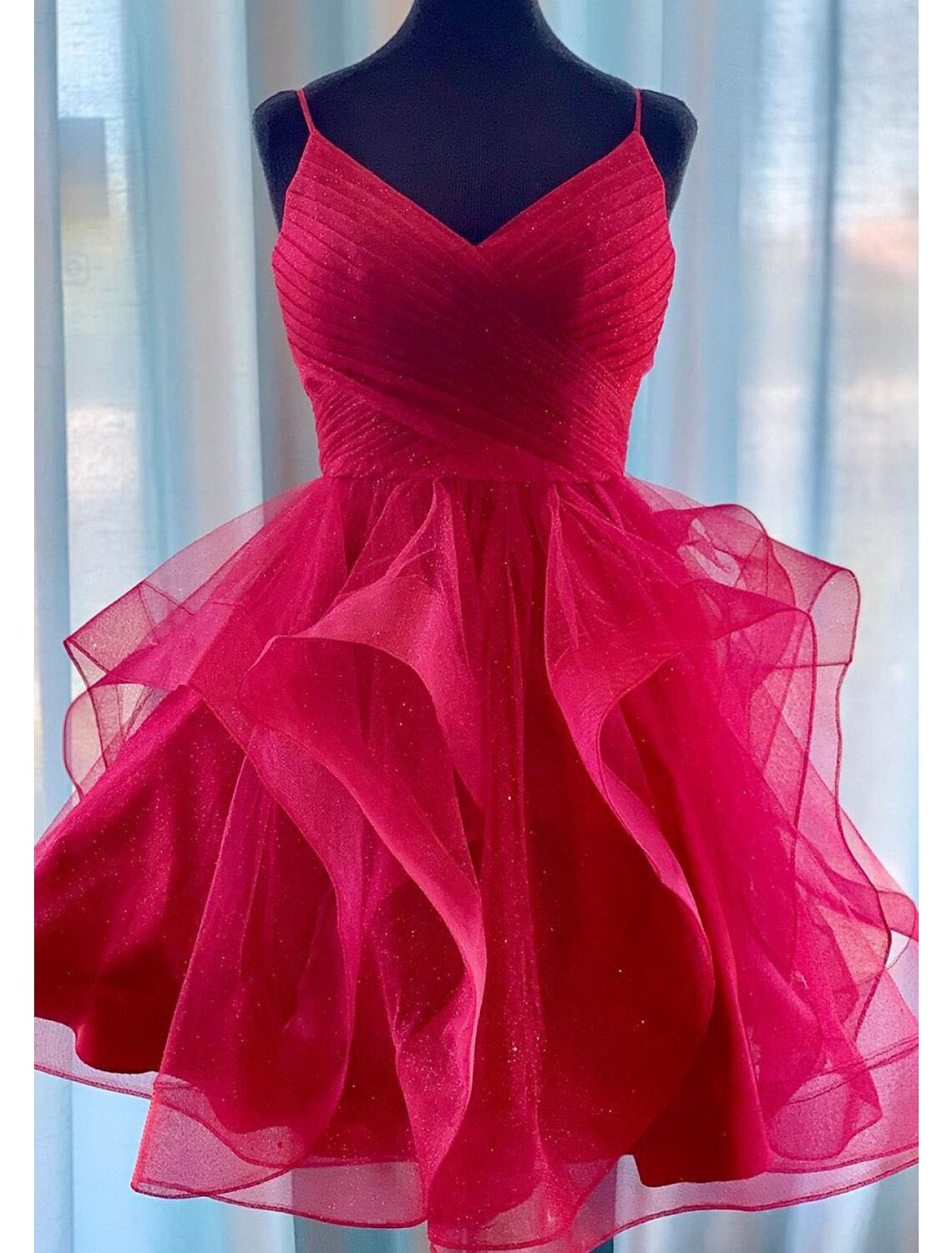 Vestidos de fiesta con cuello halter, minivestidos brillantes, vestidos abullonados con capas, sin mangas, tirantes finos, tul