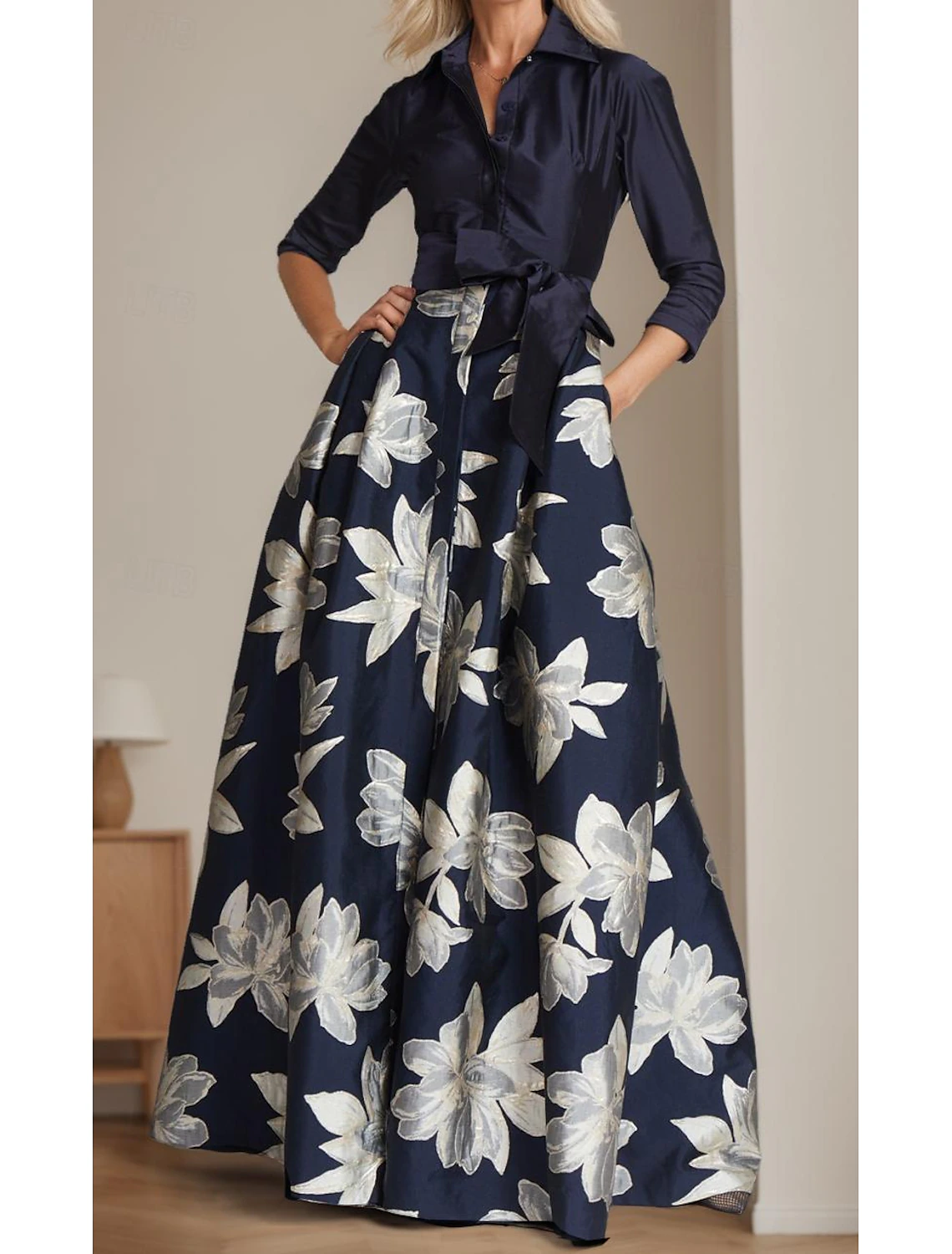 A-Line Mother of the Bride Dress Elegant Shirt Collar Floor Length Satin 3/4 Length Sleeve with Sash / Ribbon free custom size