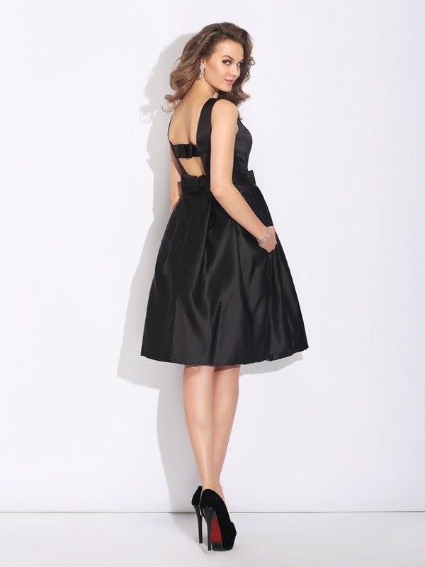 A-Line Satin Bateau Sleeveless Short/Mini With Bowknot Dresses