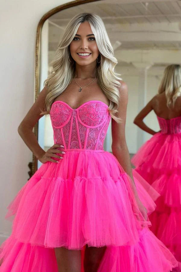 Vestido de noche de fiesta con escote corazón, color rosa intenso, de capas altas y bajas