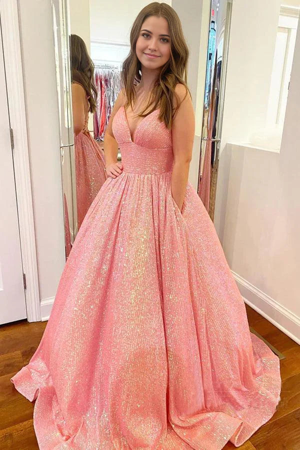 Vestido de fiesta con escote en A, lentejuelas, encaje, tirantes y bolsillos