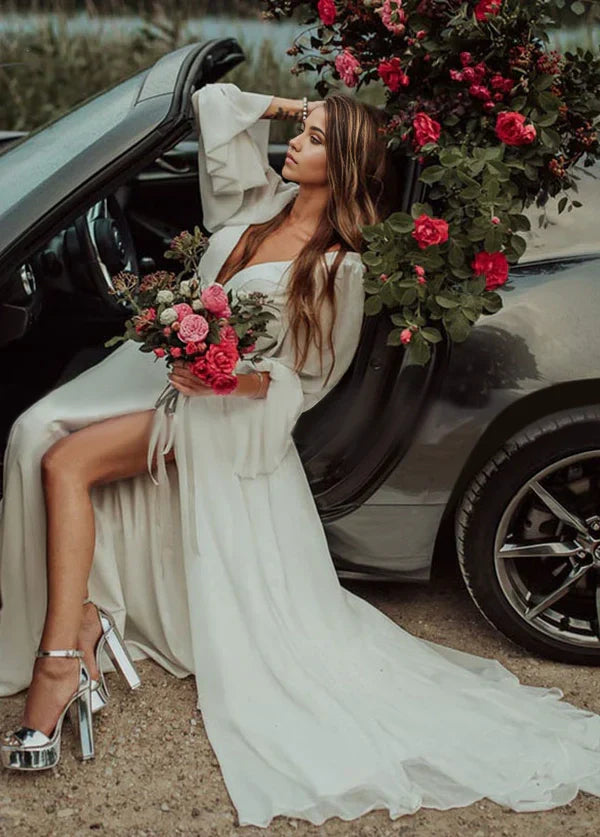 A-Line Beach V-Neck Long-Sleeve High Slit Romantic Chiffon Wedding Dresses