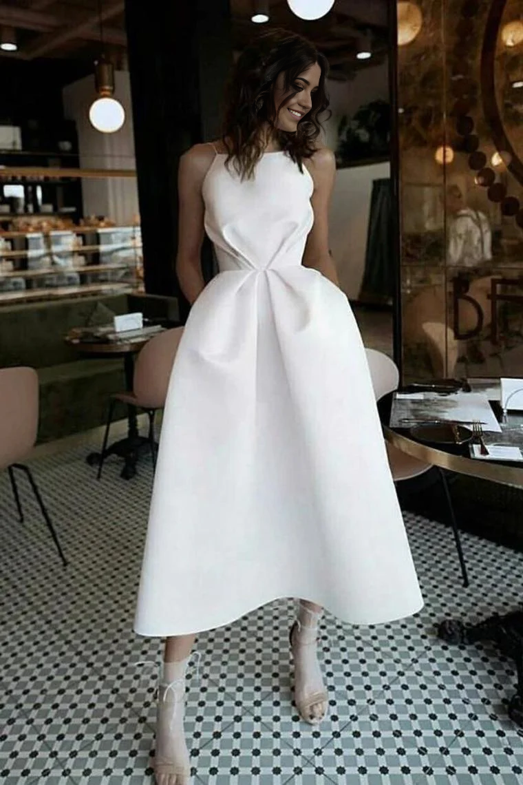 A-line Spaghetti Straps Backless Tea Length Satin Party Dress formal dresses evening gown Prom Dresses