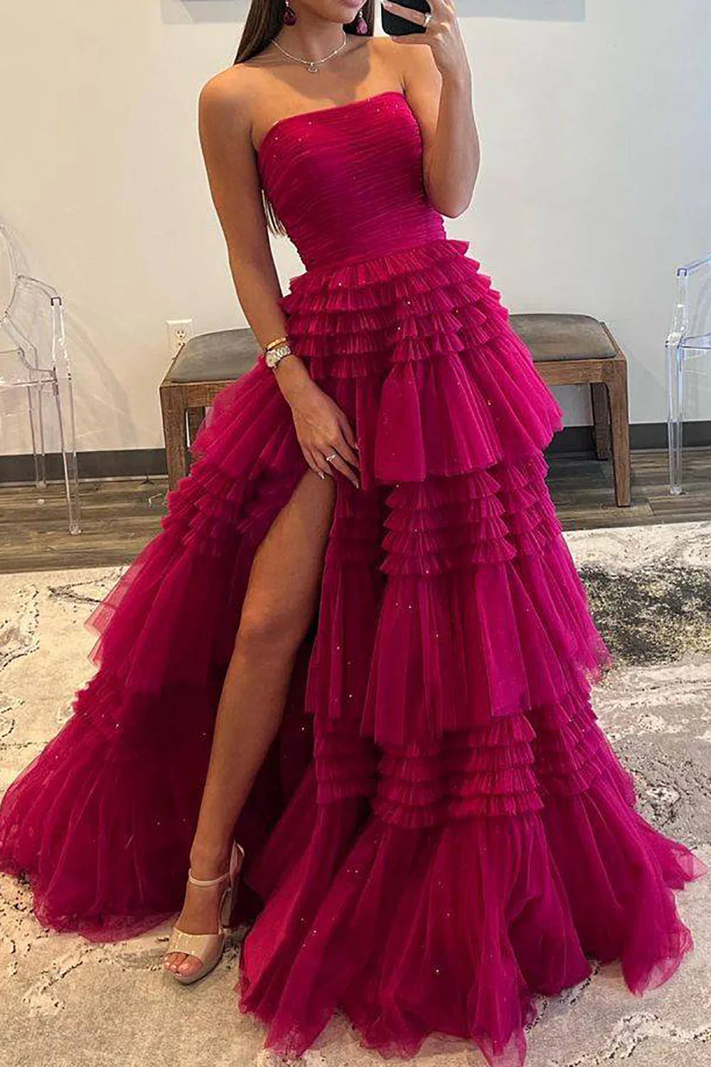 Vestido de fiesta largo sin tirantes de corte A