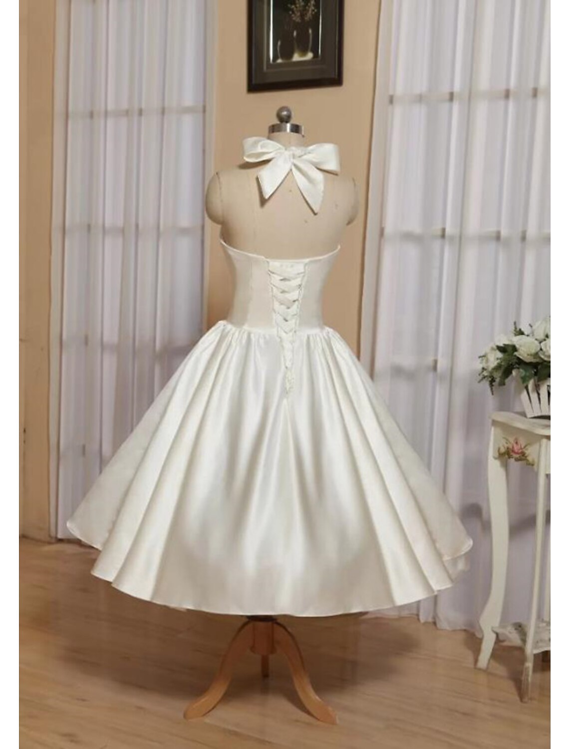 A-Line Minimalist Dress Wedding Guest Tea Length Sleeveless Square Neck Stretch Satin with Criss Cross