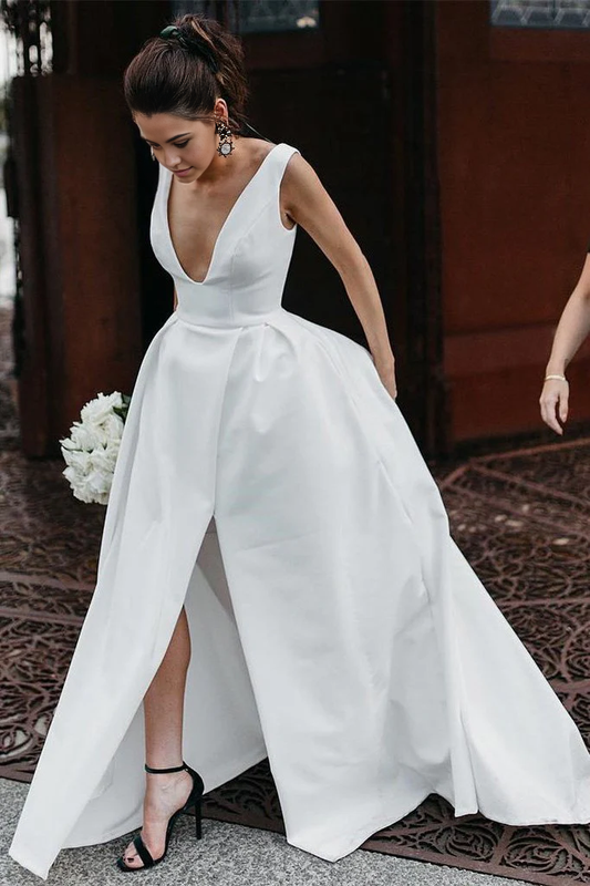 A-line Stunning V-Neck V Back Satin Straps Ivory Wedding Dresses Bridal Gowns with Pockets