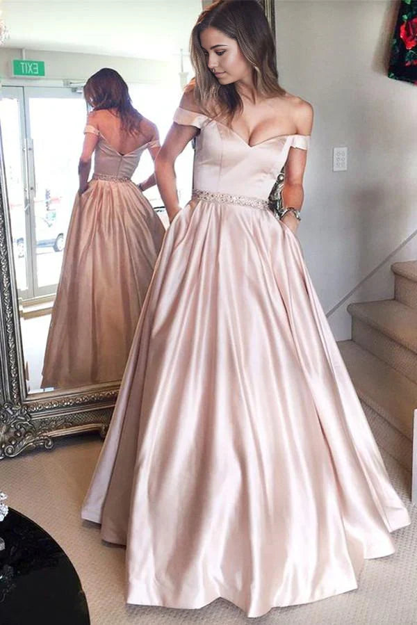 A-line Off the Shoulder Simple Floor Length Prom Dresses Evening Dresses