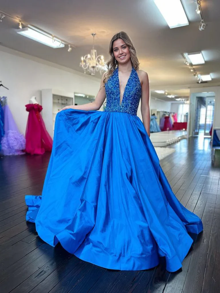 Halter V Neck Backless Blue Long Prom Dresses Formal Graduation Evening Dresses