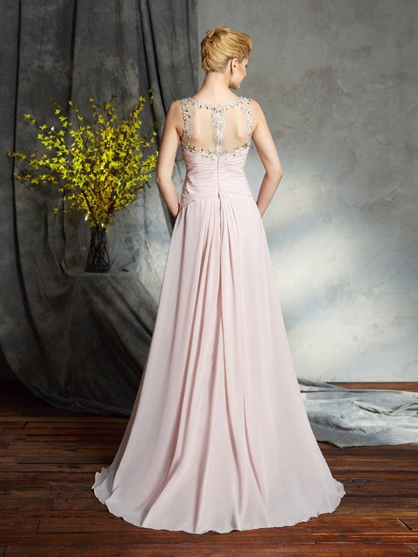 A-Line Chiffon Bateau Sleeveless Sweep/Brush Train With Applique Mother of the Bride Dresses