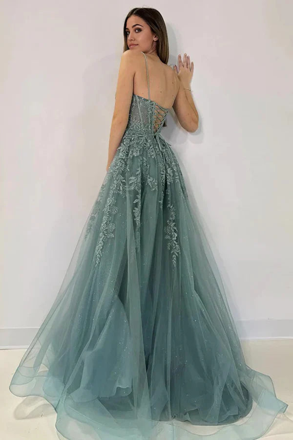 A-Line V Neck Tulle Lace Long Prom Dress