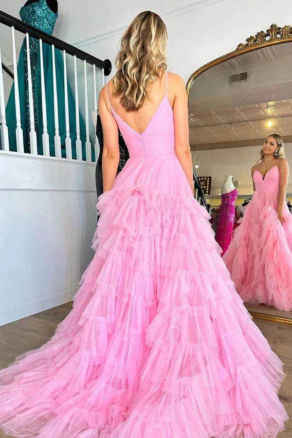 A-line V-Neck Tiered Pink Long Prom Dress with Ruffles