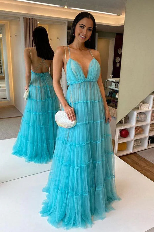 A-Linie V-Ausschnitt Tüll Langes Ballkleid Blaues Tüll Abendkleid