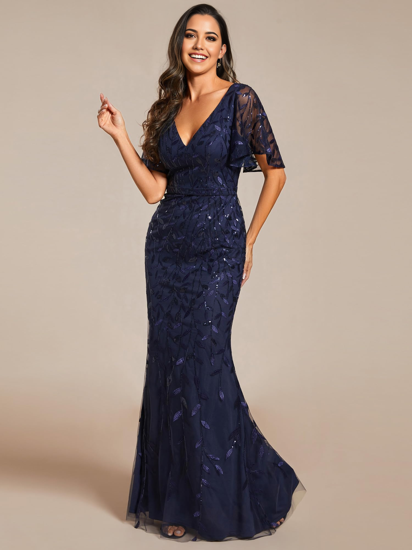 Sheath Ruffles Sleeves Sequin Embroidery evening gown formal dress  Mother of The Bride Dress Prom Dresses