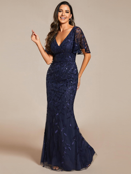 Sheath Ruffles Sleeves Sequin Embroidery evening gown formal dress  Mother of The Bride Dress Prom Dresses