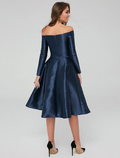 Vestidos de fiesta para ocasiones especiales, corte A, para invitadas de boda, largo hasta la rodilla, manga larga, hombros descubiertos, satén con pliegues