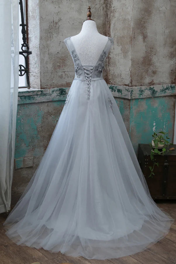 V neck lace applique tulle long prom dress