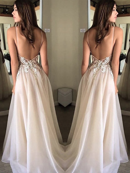 Vestidos de gasa con apliques, corte A, tirantes finos, sin mangas, cola larga y barrida