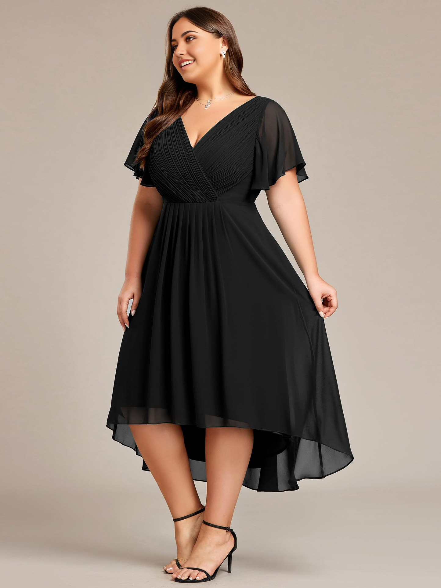 Plus Size A-Linie V-Ausschnitt Chiffon Kurze Ärmel Knielang Abendkleid formelles Kleid Ballkleider 