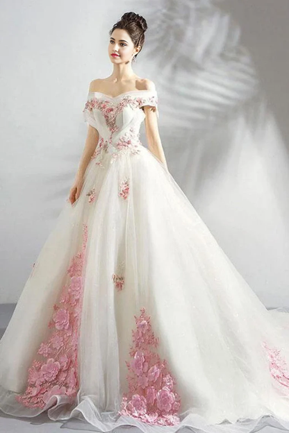 A-line Off The Shoulder Tulle With Pink Flowers Ball Gown Wedding Dress