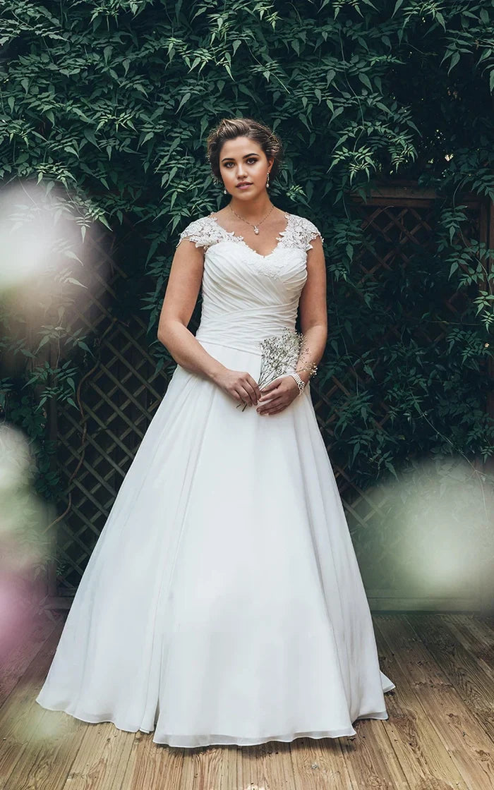 A-Line V-Neck Cap Chiffon Appliques Criss Cross Court Train Wedding Dresses