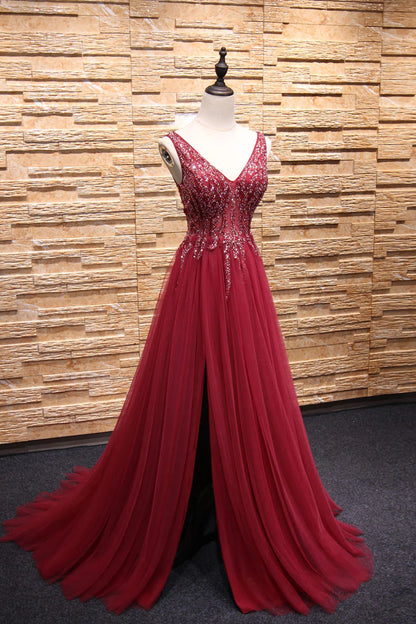V neck beads tulle long prom dress