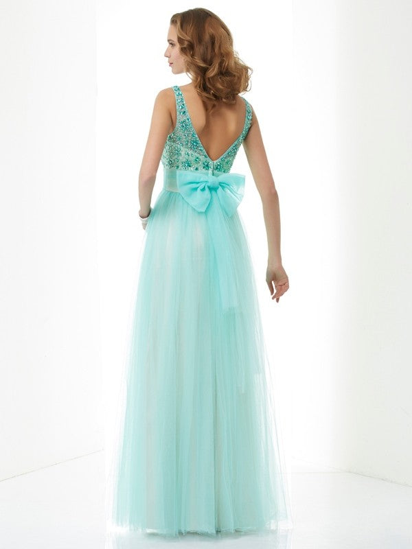 A-Line Woven Satin Bateau Sleeveless Floor-Length With Beading Dresses
