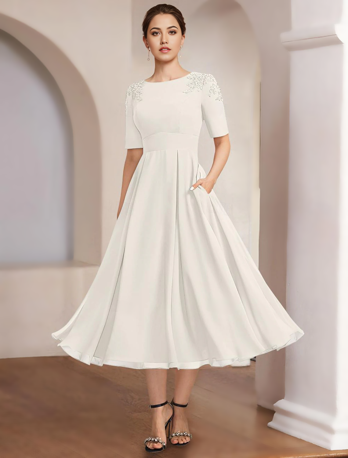 A-Line Mother of the Bride Dress Formal Elegant Bateau Neck Tea Length Chiffon Half Sleeve with Lace free custom size