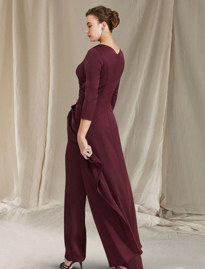 Jumpsuit / Pantsuit Mother of the Bride Dress Elegant V Neck Floor Length Chiffon 3/4 Length Sleeve with Ruched Ruffles