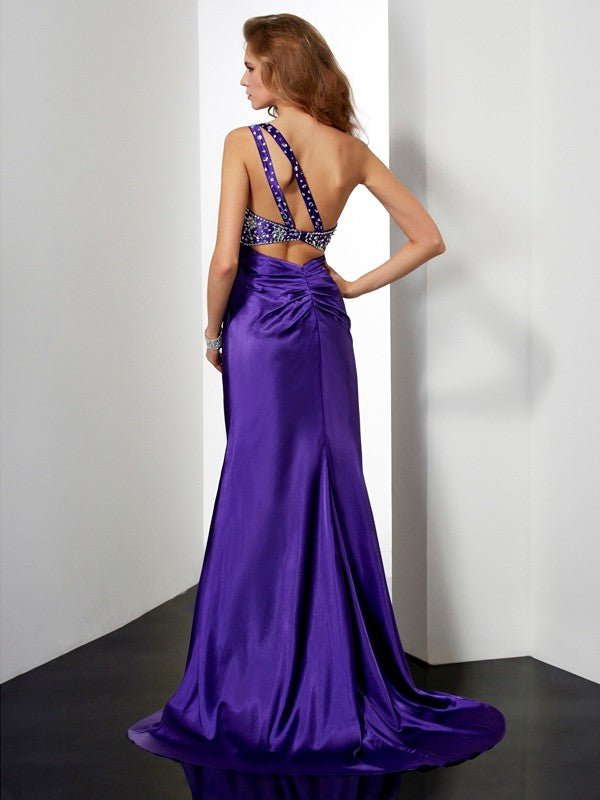 Sheath Silk like Satin One-Shoulder Sleeveless Sweep/Brush Train With Beading Dresses