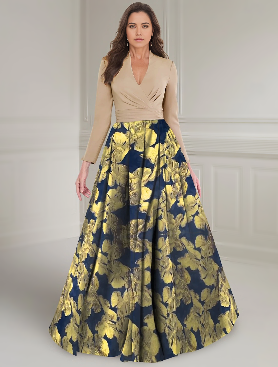 Gold Floral A-Line Brocade Vintage Mother of the Bride Dress Elegant V Neck Floor Length Stretch Fabric Long Sleeve with Ruched Flower