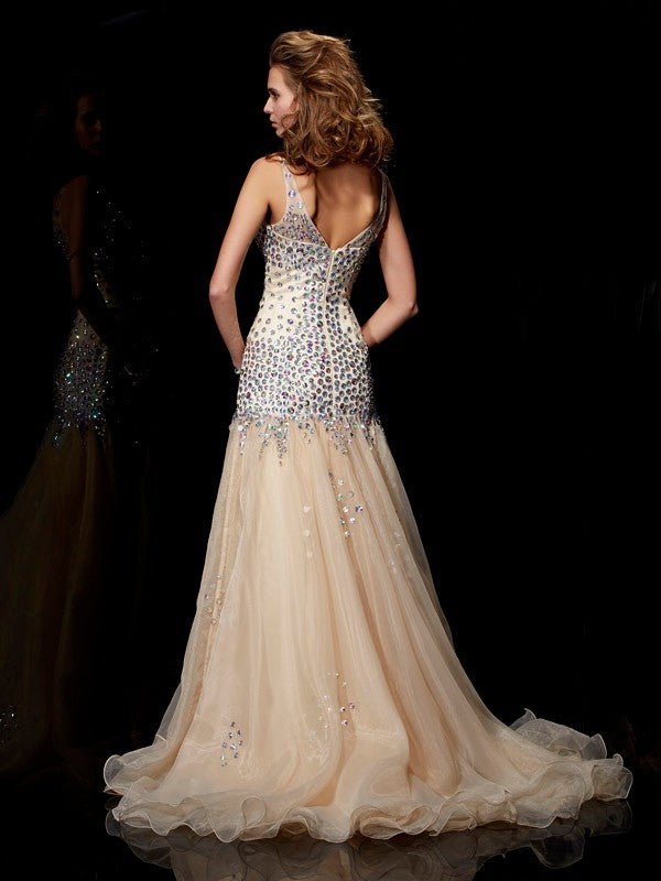 Sheath Organza V-neck Sleeveless Floor-Length With Beading Dresses