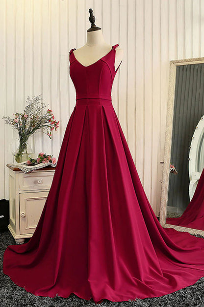 v neck satin long prom dress