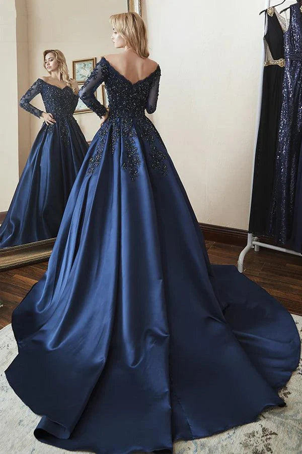 A-line Off Shoulder Long Sleeves Beaded Navy Blue Ball Gown Prom Dress