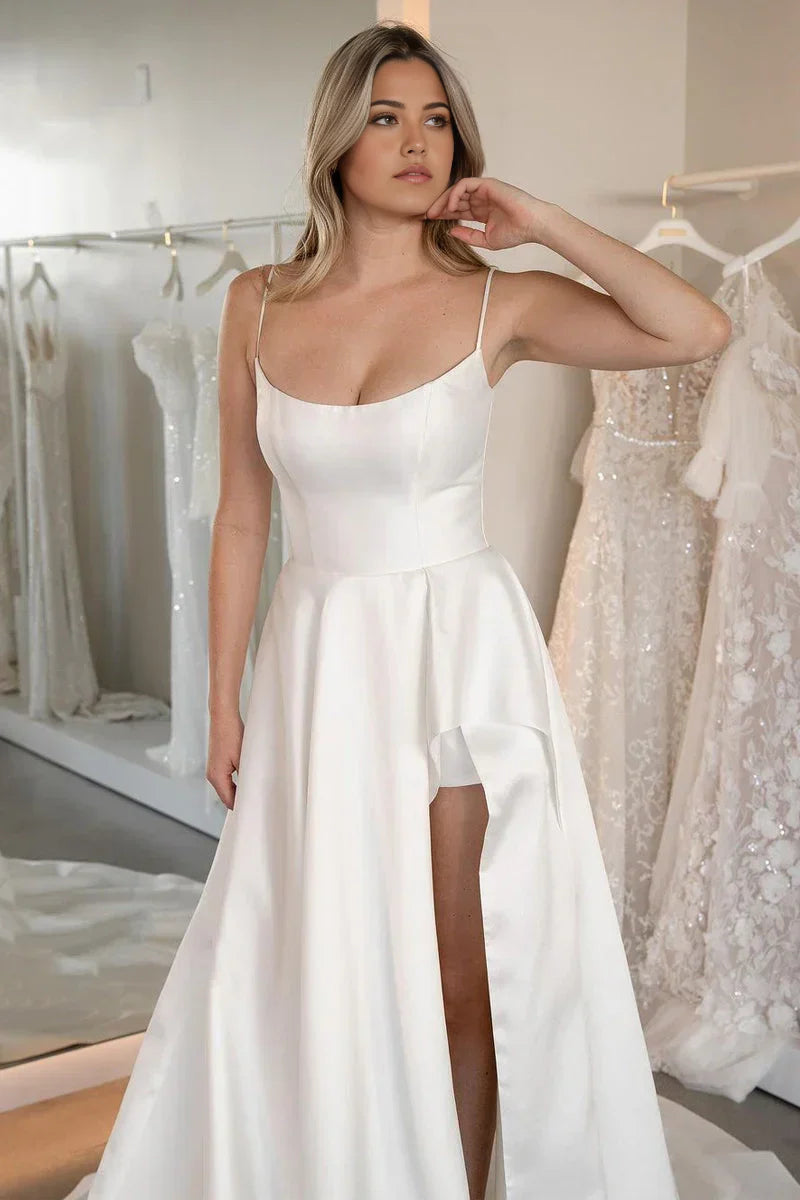 A-Line Simple Scoop Neck Satin Wedding Dresses with Slit