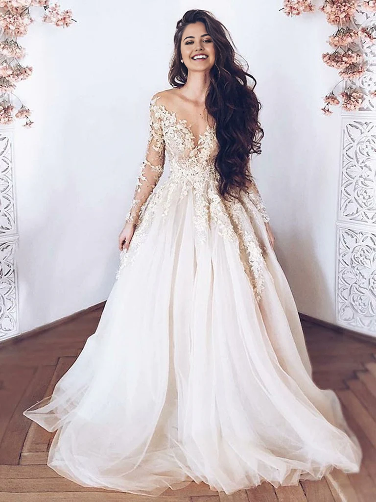 A-line Lace Appliques Tulle Long Sleeves Long Prom Dresses Champagne Wedding Dresses
