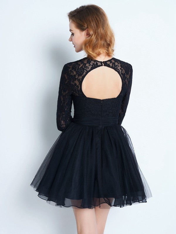 A-Line Net High Neck Long Sleeves Short/Mini With Lace Dresses