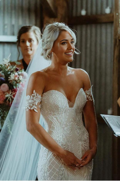 Mermaid V Neck Strapless Lace Appliques Ivory Ball Gown Bridal Dresse Wedding Dresses