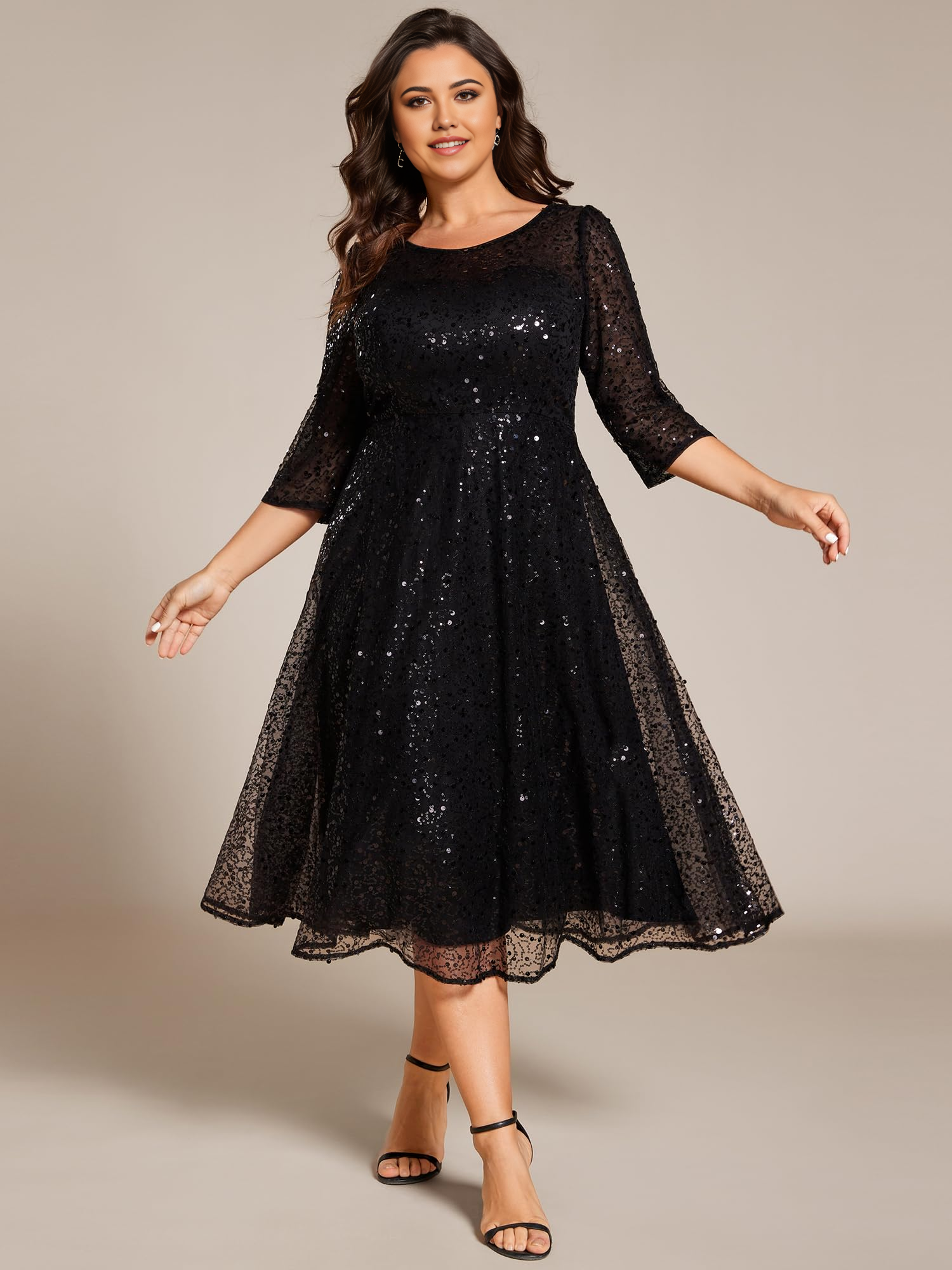 Plus Size A Line 3/4 Sleeves Sequin evening gown formal dress Prom Dresses