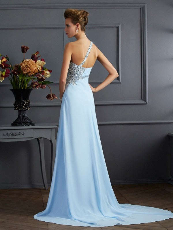 Sheath Chiffon One-Shoulder Sleeveless Sweep/Brush Train With Beading Dresses