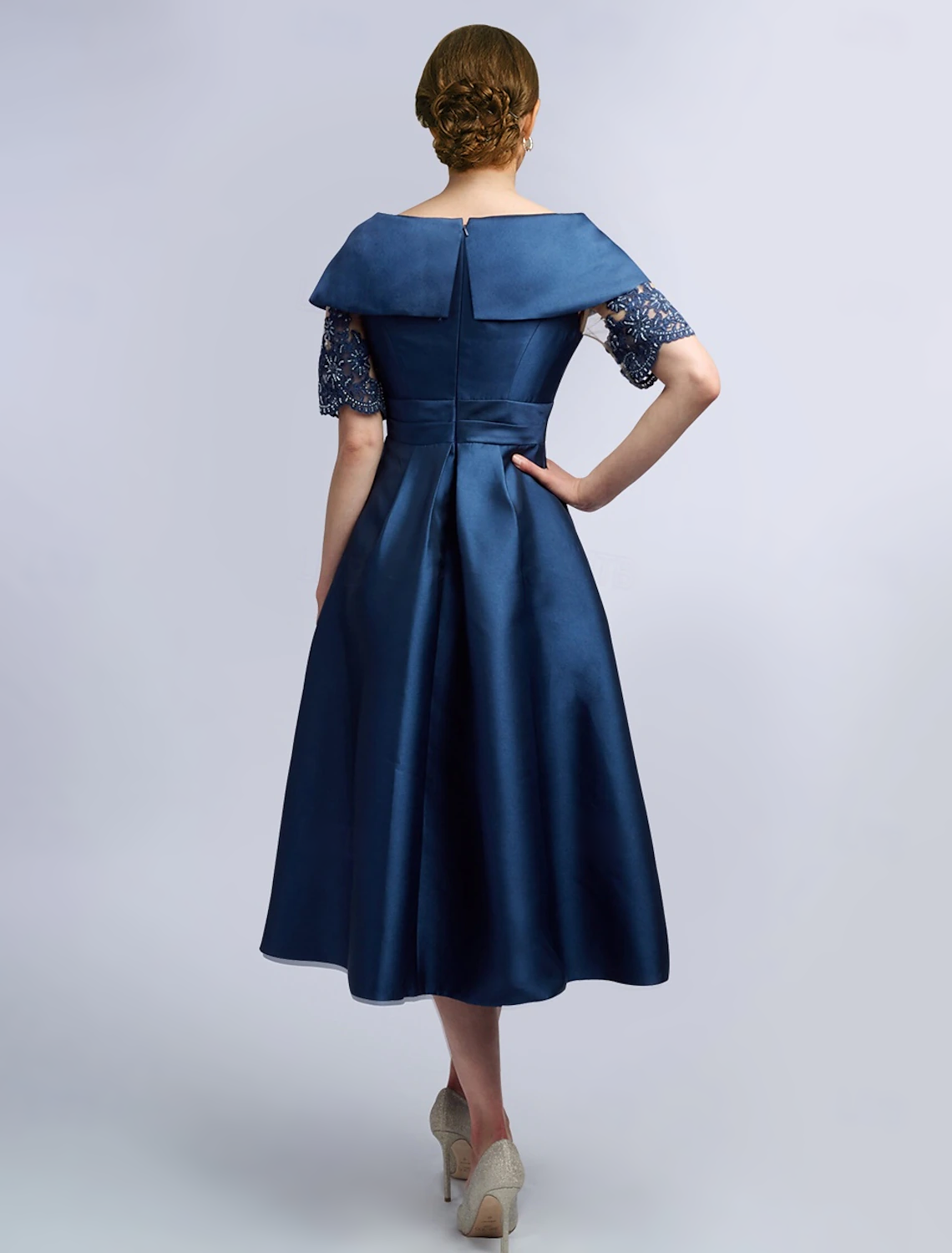 A-Line Dress Mother of the Bride Dress Elegant Vintage V Neck Tea Length Satin Half Sleeve with Lace Criss Cross free custom size