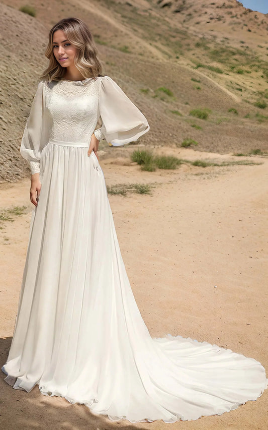 A-Line Long Sleeve Casual Rustic Bateau Neck Wedding Dress Gowns with Train